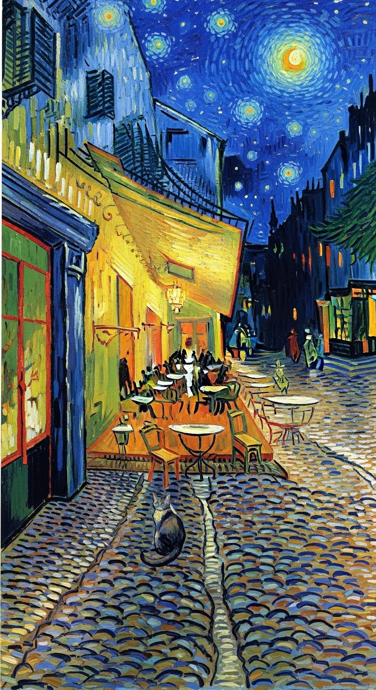 夜のカフェテラスニャ