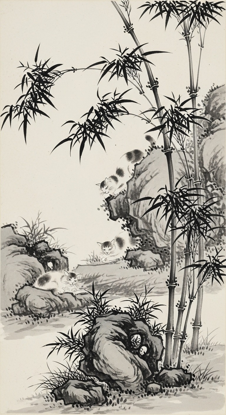 竹猫石図